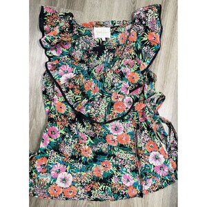 Yumi Kim Anthropologie Floral Silk Ruffled Sleeveless Wrap Blouse Floral Color M